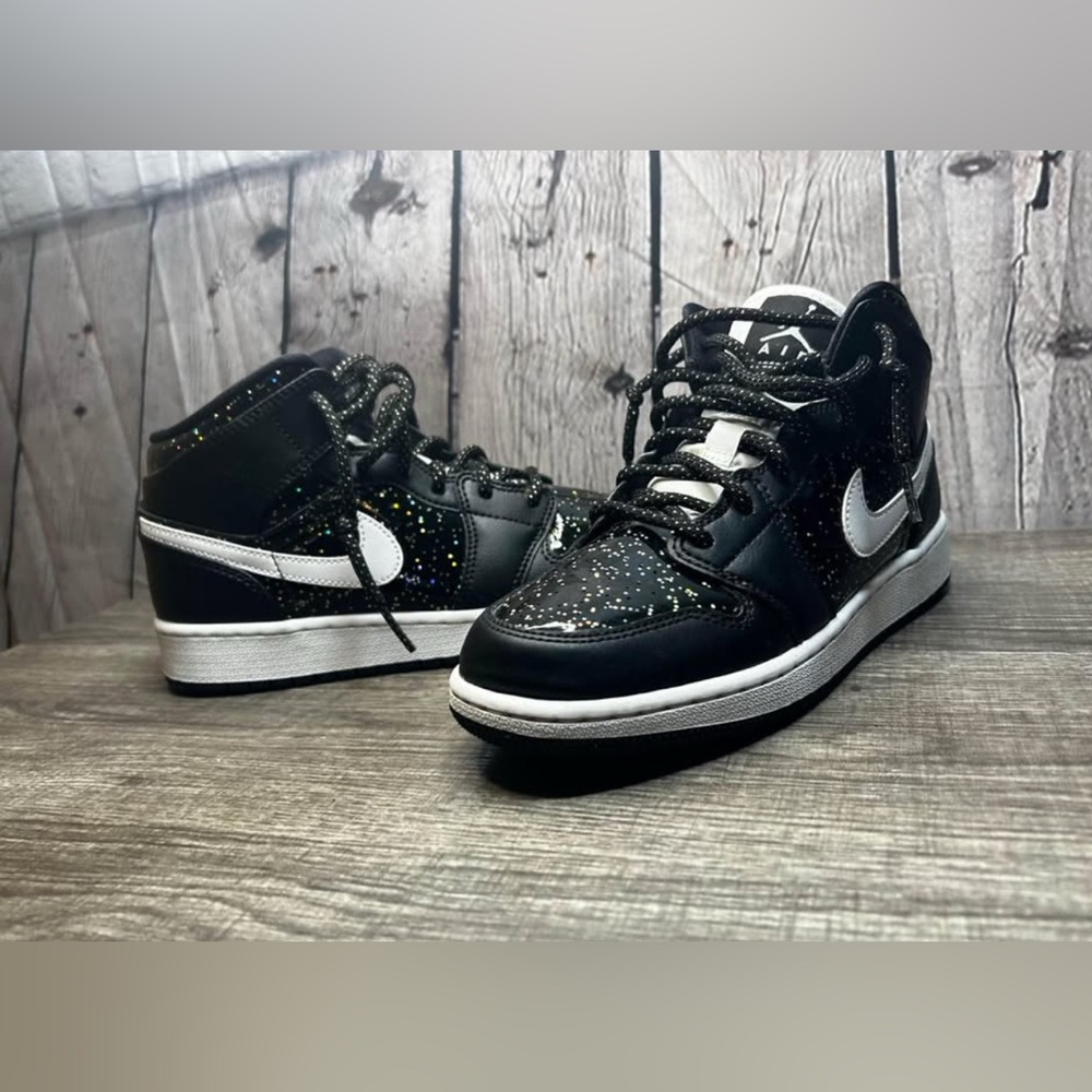 Glitter Jordan 1 Mid Grade School 5Y fits Womens Size 6.5 Black and White